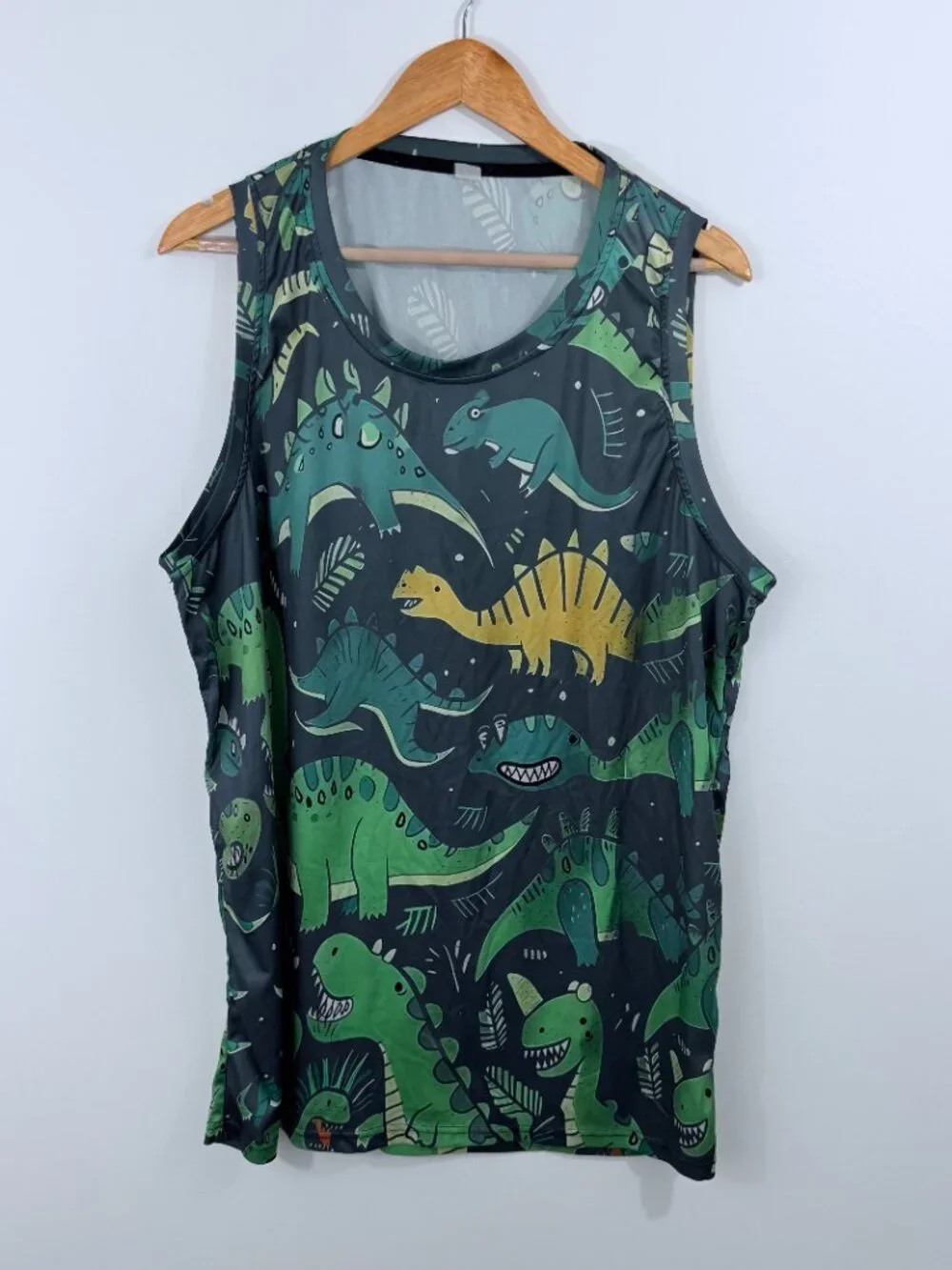 Men's All-Over Dinosaur Performance Muscle/Swim/Boat Tank Top – Size XL, approx.